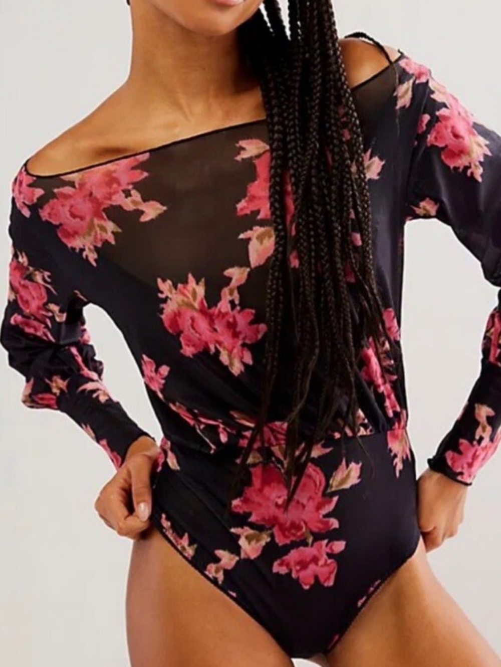 Free People NWOT Undercover Puff Sleeve Bodysuit sz XS in Black Prairie Rose​